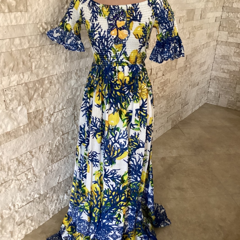 Blue & Yellow Floral Maxi Dress - Smocked Bodice, Ruffled Sleeves